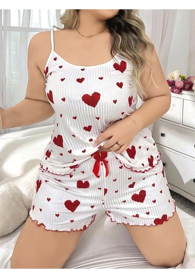 Red Womans Büyük Beden Kalp Desen Pamuklu Şortlu Pijama Takımı Beyaz