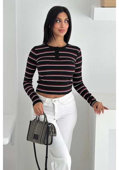 Noa & Noa Kadın Çizgili Düğme Detaylı Bluz Retro Stripe Siyah