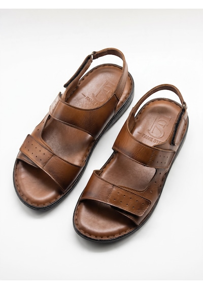 Fame Step Hakiki Deri Unisex Ortopedik Sandalet Yumuşak Taban Cırtlı Comfort Yazlık Günlük Terlik Taba