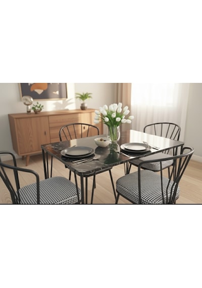Yemek Masası Mutfak Masası ,balkon Masası 60x110 4 Sandalyeli Siyah Mermer Desen