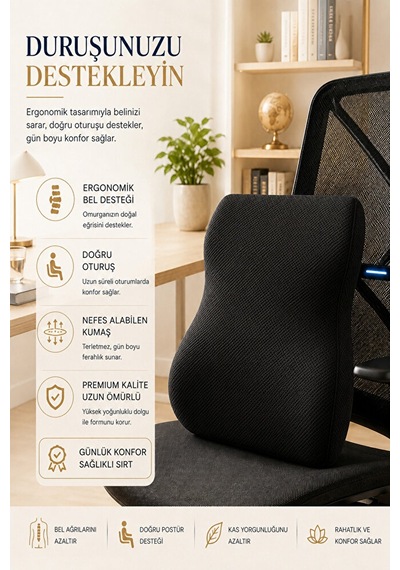 Ortopedik Visco Bel Ve Sırt Destek Minderi Ofis Koltuğu, Araç Ve Ev İçin Ergonomik Konfor Siyah