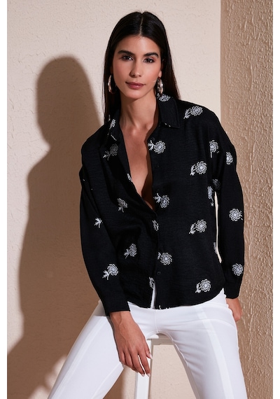 Lela Çiçekli Regular Fit Bayan Gömlek 67044532S4 Siyah