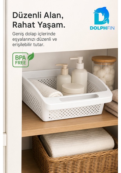 Geniş Dolap İçi Düzenleyici Sepet 30x27x9 Cm Saplı Mutfak Kiler Banyo Organizeri beyaz