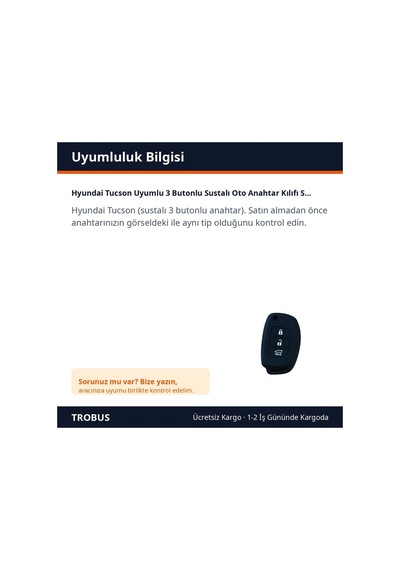 Trobus Hyundai Tucson Uyumlu 3 Butonlu Katlanır Oto Anahtar Kılıfı Silikon Siyah