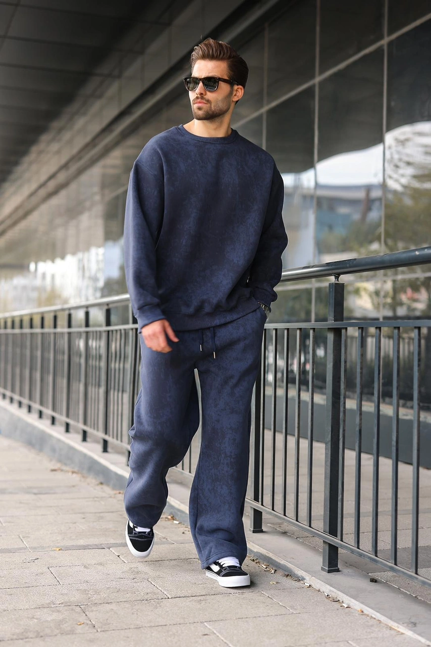 Madmext Lacivert Bisiklet Yaka Batik Desenli Erkek Sweatshirt Pantolon Takım E7344 Lacivert