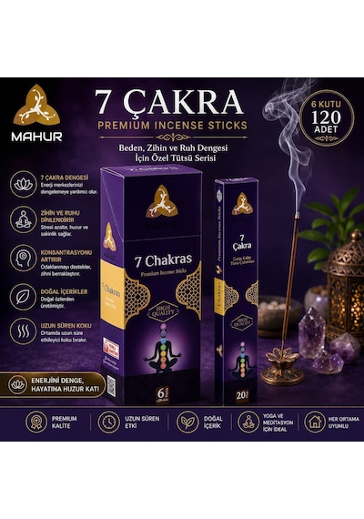 Mahur 7 Çakra Tütsü 120 Adet 6 Kutu X 20 Çubuk, Premium Kokulu Çubuk Tütsü, Yoga Meditasyon Ve Ortam Kokulandırma İçin