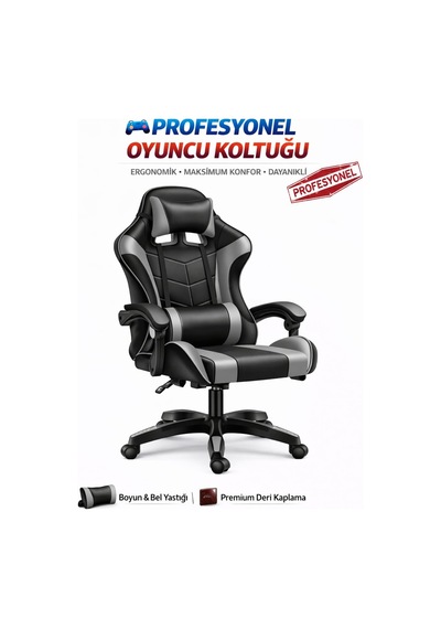 Gri Desen Oyuncu Koltuğu, Ergonomik Tasarım, Ayarlanabilir Boyun Ve Bel Yastığı, Hareketli Kolçak Diğer