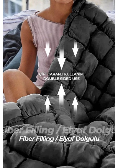 Evlen Home Yatak Örtüsü Seti Çift Kişilik El İşi Günlük Pamuklu Dolgulu Yorgan Uyku Takımı Puff 3 Parça Antrasit