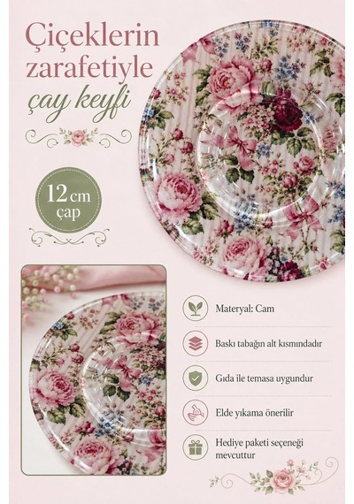6 Lı Cam Çay Tabağı Pembe Gül Ve Çiçek Desenli 12 Cm 6 Adet Çay Tabak