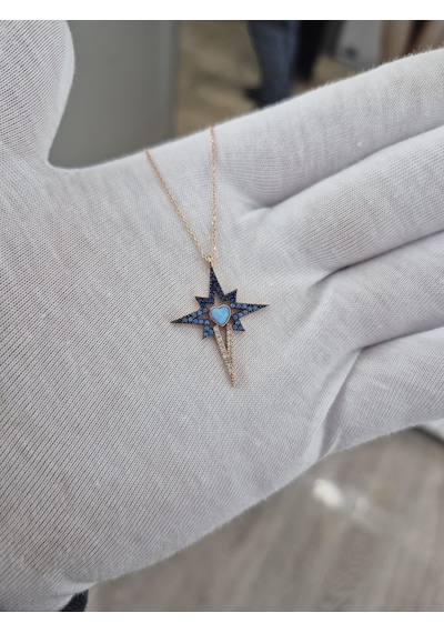 925 Ayar Papatya Silvermavi Opal Akışlı Kutup Yıldızı Kolye Gümüş