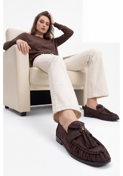 Luvi Shoes Marston Kahverengi Süet Püsküllü Kadın Loafer Ayakkabı