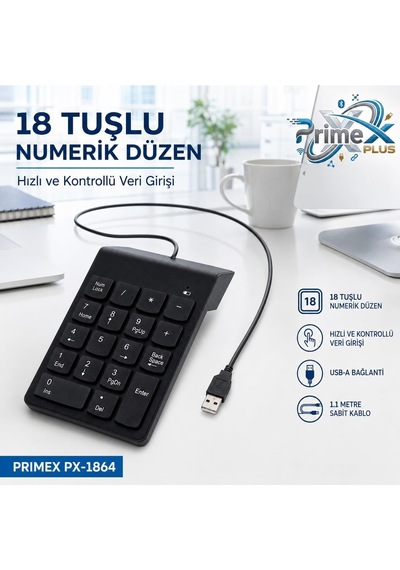 Primex Px-1864 Usb 2.0 Siyah Kablolu Numerik Klavye Keypad, Usb Sayısal Tuş Takımı, Pc Laptop Notebook İçin Kablolu Numpad, Ev Ofis Muhasebe Excel Veri Girişi Kullanımına Uygun