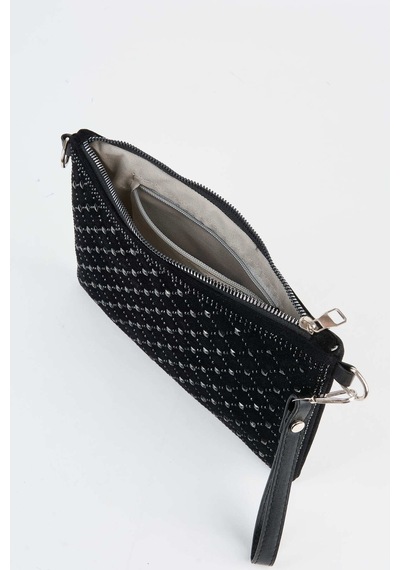 Vivaq Kadın Kapitone Siyah Taşlı Süet Bilek Askılı Ve Zincir Askılı Portföy El Ve Clutch Çanta SİYAH