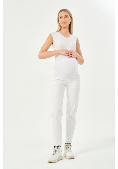 Busa Hamile Esnek Karın Bantlı Beli Ayarlanabilir Mom Fit Kot Pantolon Beyaz-beyaz