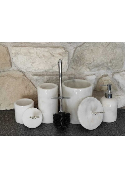 Beyaz Mermer Gümüş Zeytin Dalı Aksesuarlı 4'lü Banyo Seti Beyaz