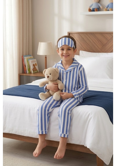 Ahengim Kız-erkek Çocuk Çizgili Kalpli Puantiyeli Desenli Pamuklu Pijama Takımı Göz Bantlı 3 Lü Set Ak2610 Bebe Mavi