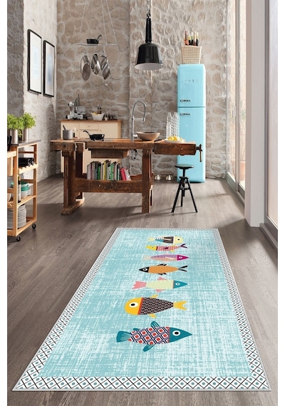 West Home Dijital Baskılı Yıkanabilir Kaymaz Taban Mutfak Halısı Wh 342 Turkuaz