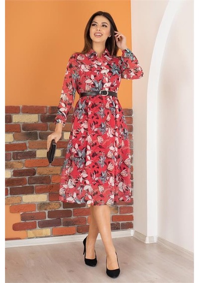 Dip Moda Kadın Gömlek Yaka Kemerli Çiçekli Şifon Elbise Dpry0031 Bordo