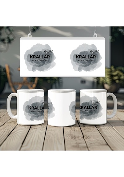 Krallar Aralıkta Doğar Gri Sis Ve Taç Desenli Kupa Bardak - Erkeklere Özel Doğum Günü Hediyesi Beyaz