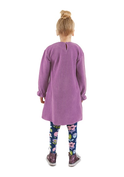Denokids Çiçekli Kız Çocuk Lila Kadife Elbise Renkli