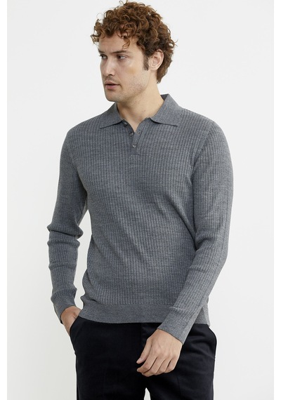Sementa Polo Yaka Fitilli Triko Kazak - Füme 001