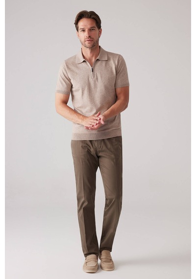 Erkek Vizon Slim Fit Yarım Fermuarlı Pamuk-kaşmir Polo Tişört