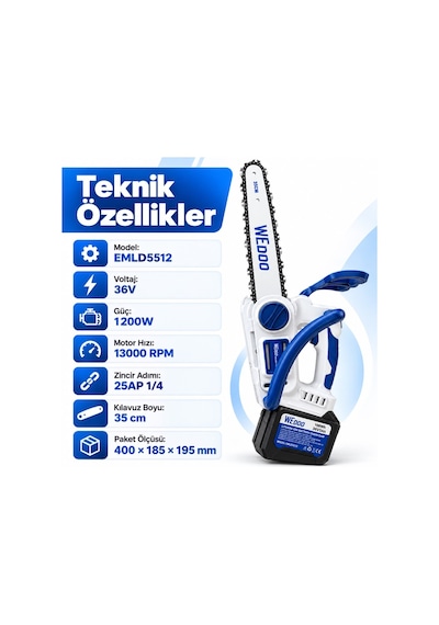 Algaride Wedo 36v 3ah Akülü Zincirli Testere 1200w Güç 13.000 Rpm 35 Cm Kılavuz 1/4 Zincir Bahçe Dal Ve Odun Kesim Makinesi