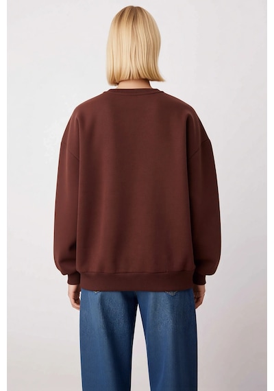Benerly Kadın Bisiklet Yaka Düşük Kol Oversize Kalın Örme Sweatshirt Fonk Koyu Kahverengi