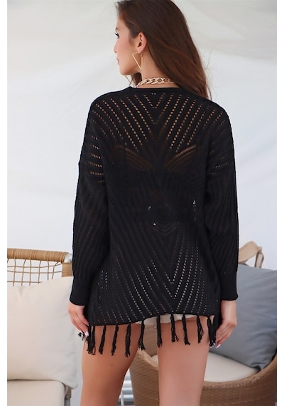 Aqe Fashion Motif Detaylı Eteği Püsküllü Hırka Siyah Siyah