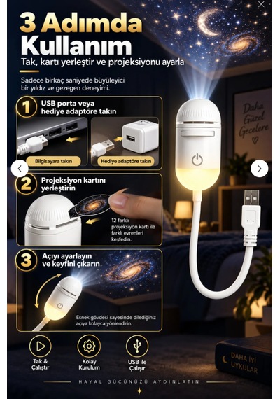 12 Projeksiyon Kartlı 2 Si 1 Arada Usb Gece Lambası Ve Yıldız Projektörü, Esnek Gövdeli Tavan Duvar Projeksiyon