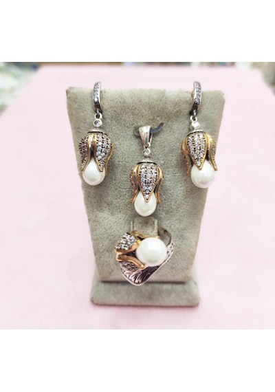 Oriental Kuyumculuk Jewellery İnci Lale Tulip Gümüş Set Beyaz