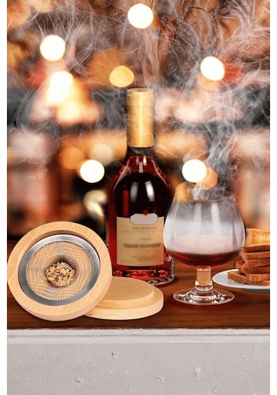 Premium Viski Tütsüleme Seti Ahşap Kapaklı Cam Smoke Infuser, Kokteyl Aromalandırma