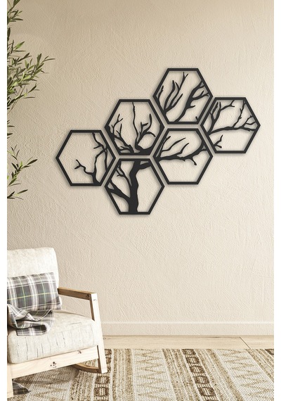 Hexagon Tree Metal Duvar Tablosu - Siyah - 6 Parça
