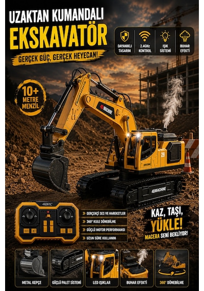Buharlı Işıklı Sesli Metal Alaşım Excavator Uzaktan Kumandalı Rc İş Makinesi Sarı