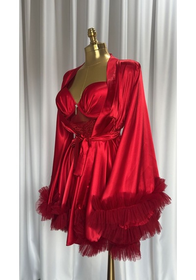 Mh Moony Homewears Kutulu Manolya Kırmızı Saten Kol Detay Gecelik Sabahlık Olay Kırmızı