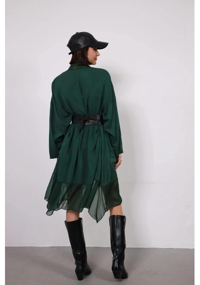 Bohem Stil Italyan Ipek Detaylı Oversize Kaftan & Bluz-8711 Zümrüt Yeşili