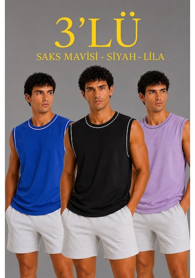 Novalisse Erkek 3 Lü Kolsuz Sporcu Atlet Seti Yazlık Bisiklet Yaka - Siyah, Lila, Saks Mavisi Çoklu Renk