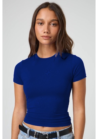 Saks Bisiklet Yaka Basic Kadın Tişört Mg1725 Saks