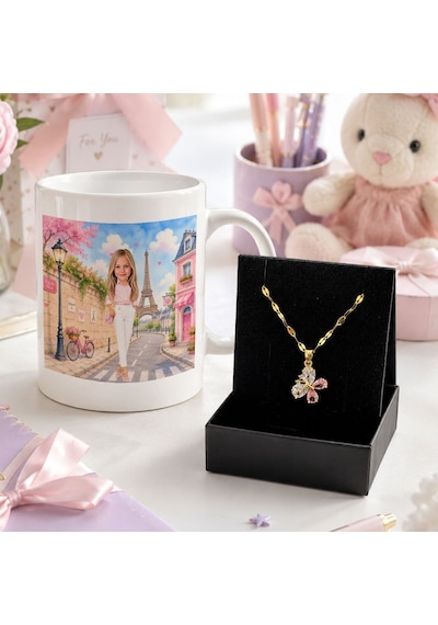 Bk Gift Kişiye Özel Karikatürlü Oyuncak Bebek Tasarımlı Kırlent Yastık & Beyaz Kupa & Kolye -24 Kız Çocuklarına Özel Hediye Seti