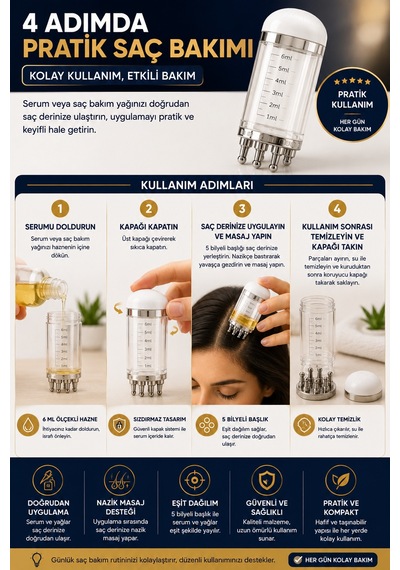 Saç Derisi Masaj Aleti 6 Ml Serum Yağ Uygulama Aplikatörü 5 Bilyeli Ölçekli Bakım Ve Uygulama Aparat Beyaz