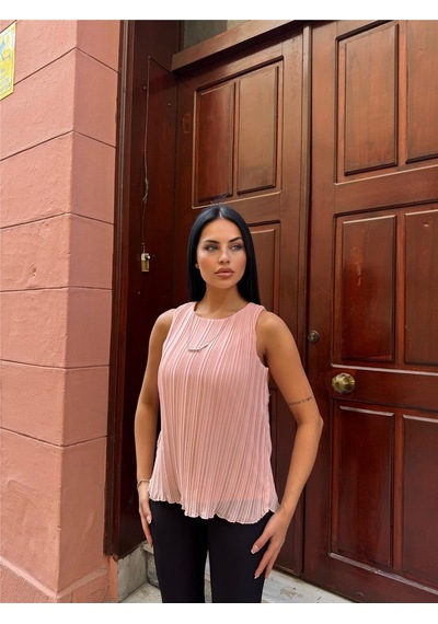 WeShaya Pudra Astarlı Pileli Kolsuz Bluz Pudra