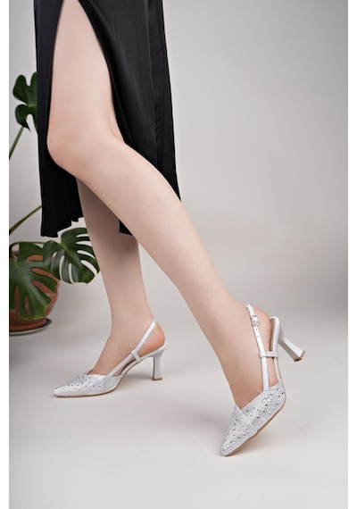 Nesilshoes Nesil Shoes Uraz 720 Gümüş Taşlı Topuklu Kadın Sandalet Gümüş Saten