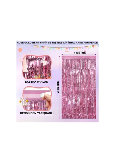 Rose Gold Renk Ekstra Metalize Parlak Saçaklı Arka Fon Perde İthal A Kalite 1x2 Metre Bx40 Diğer