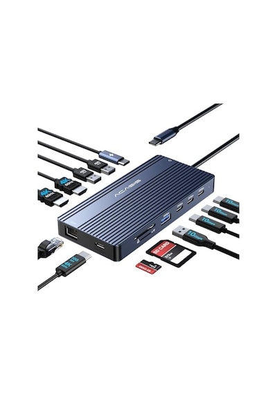 Acasıs Çift Monitör Yerleştirme İstasyonu, Hdmı 4k 60 Hz, 14&apos Ü 1 Arada Dizüstü Bilgisayar Yuvası, 10 Gbit/s Usb-c Video + Veri, 3 X Usb C, Usb A Ethernet, 100 W Pd, Sd/tf, 3,5 Mm Ses, Siyah