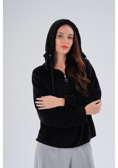 Paw Garage Kadın Büyük Beden Geniş Kalıp Wellsoft Kumaş Kapüşonlu Sweat - İçi Dışı Peluş Tasarım, Sıcak Tutar Siyah