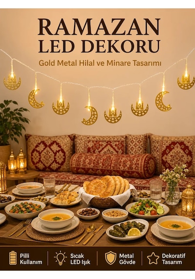 Minareli Hilal Led Işık Gold Metal Gövdeli Pilli Ramazan Dekoru Renkli 99393108