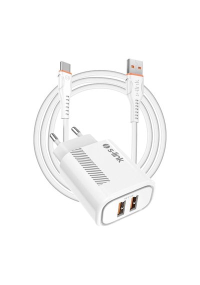 S-link Sl-ec50 Sl-ec50t 5v 2400ma Type-c Kablolu 2 Usb Çıkışlı Beyaz Ev Şarj Adaptörü Kdo
