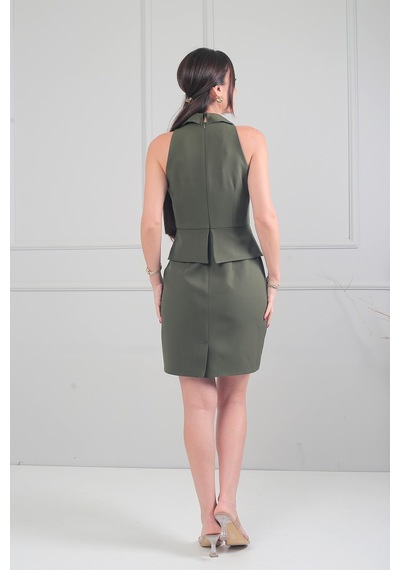 By Saygı Kadın Gold Düğmeli Kendinde Telalı Peplum Detaylı Double Krep Kısa Elbise Haki