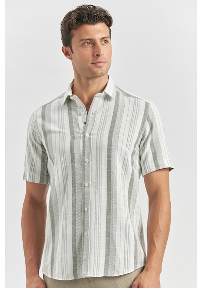 İmza Koyu Haki Kısa Kollu Çizgili Armürlü Pamuklu Casual Slim Fit Dar Kesim Gömlek 1004240243 Koyu Haki