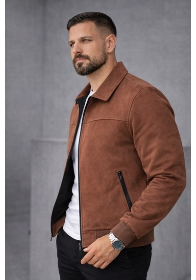 Baselco Basic Slim Fit Polo Yaka Süet Ceket Kahverengi